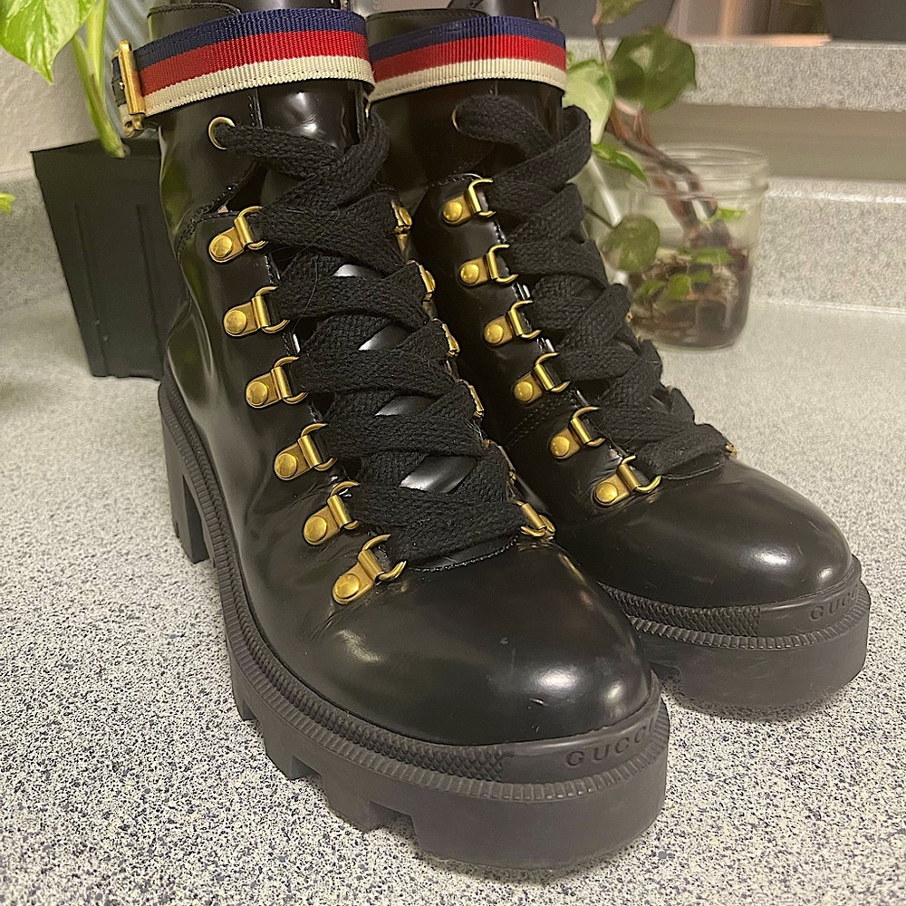 GUCCI Sylvie Lace-up Leather Boots (sz 6.5 wmns, 37 eu) great condition
